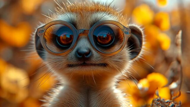 Baby monkey wearing glasses is staring at the camera. The image has a playful and lighthearted mood, as the monkey is dressed in a funny outfit and he is posing for the camera