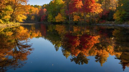 Fototapeta premium Seasonal Harmony: A Reflective Pond Amongst Autumn's Splendor