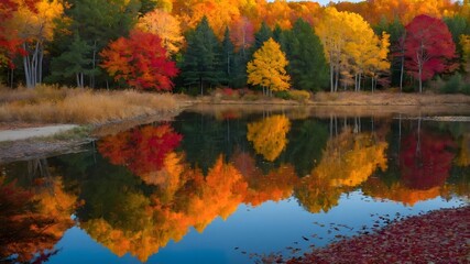 Fototapeta premium Autumn’s Glow: A Still Pond Embraced by Colorful Leaves