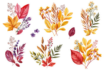 Watercolor autumn leaves art composition. Hand painted fall foliage botanical illustration on isolated white background