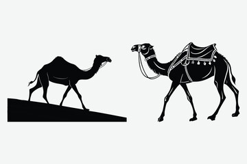 A camel walking in the desert silhouette design vector art and illustration