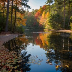 Fototapeta premium Autumn Bliss: A Serene Pond in a Luminous Forest