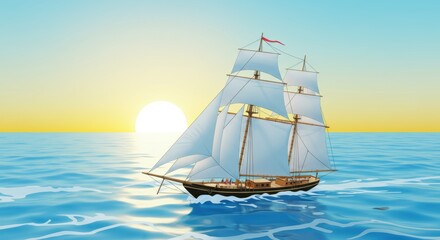 Majestic sailing ship at sunrise on calm ocean waves
