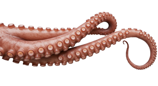 A highly detailed close-up of an octopus tentacle with suction cups against a white background. Realistic texture and natural curve