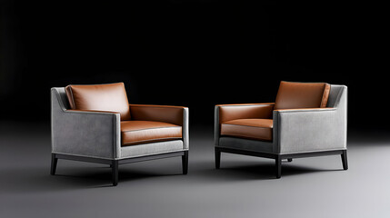Fototapeta premium Two Modern Armchairs with Brown Leather Seats and Textured Gray Sides on Dark Background