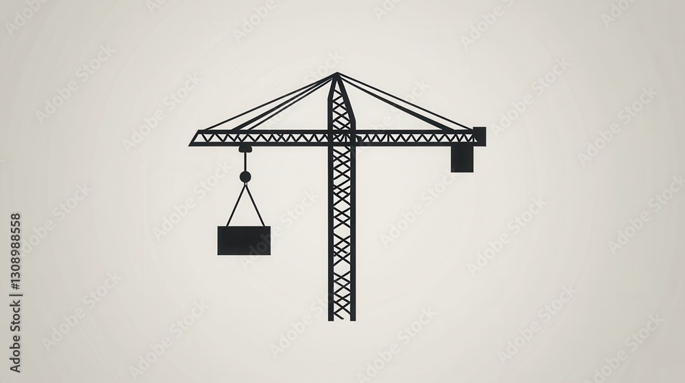 Poster minimalist construction logo featuring a crane lifting a block in a modern line art style on a monoc