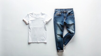Slim Fit Clothing Flat Lay, High-Angle View, White Background, Bold Contrast, Copy Space