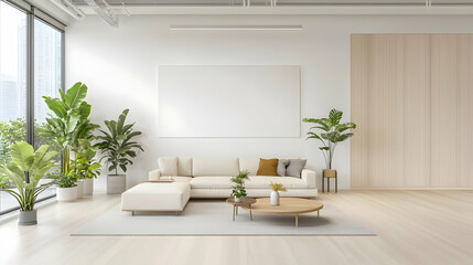 Fototapeta premium Bright Living Room Interior Featuring White Sofa Green Plants Wooden Elements and Natural Light