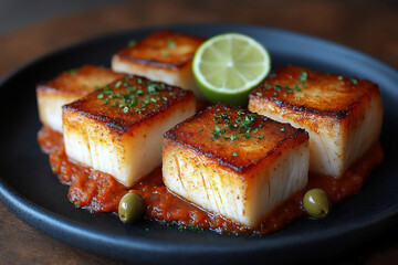 changing the spicy swordfish fillet with olive sauce to an attractive dish