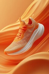 A stylish orange running shoe displayed on a bright orange background