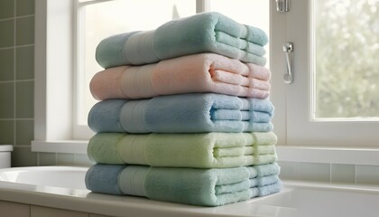 Stack of Soft Colorful Towels Near Window for Bathroom Decor and Spa