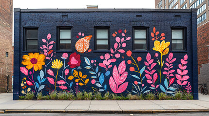 Vibrant mural brightens urban setting with flowers and plants on a city building's exterior wall. Generative AI