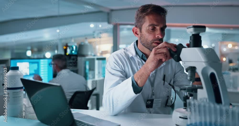 Poster laptop, microscope and science with man in laboratory for development of cure, medicine or treatment