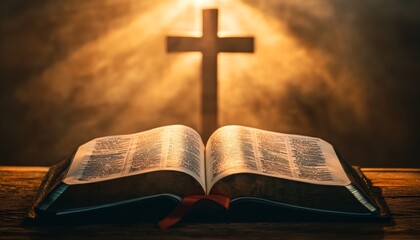 Illuminated open bible with cross in background surrounded by divine light rays in photography