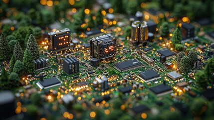 Intricate miniature circuit board illuminated by warm lights amidst detailed components and greenery. Generative AI