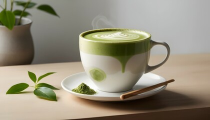 Steaming Matcha Latte in a White Mug on Saucer with Green Tea Powder