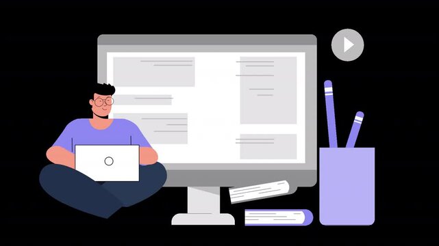 A detailed 2D vector animation demonstrating digital book searches, borrowing, and reading experiences.