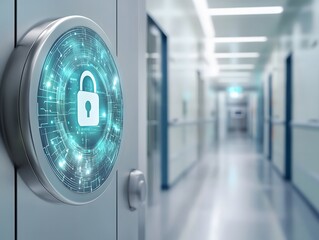 A futuristic lock on a door offers enhanced security in a modern hallway, symbolizing advanced technology and protection.