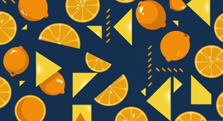Vibrant pattern of citrus fruits and geometric shapes on dark background
