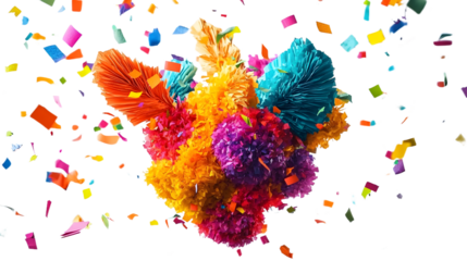 Colorful pinata explosion with vibrant confetti, white isolate background.