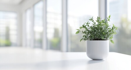 A white, modern office interior with plants in the foreground, blurred desks and chairs behind it.