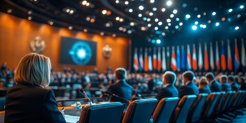 Politicians and diplomats attending international summit on trade tariffs and sanctions