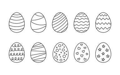 Easter eggs with decoration, line set. Egg in flat hand drawn style. Vector linear illustration
