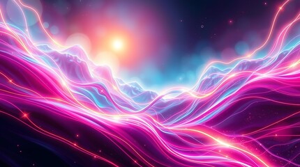 Obraz premium A vibrant digital artwork featuring neon pink, blue, and orange energy waves flowing over futuristic mountain peaks under a glowing sun. A perfect blend of fantasy and sci-fi aesthetics.