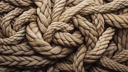 Fototapeta premium A tightly braided pattern of thick brown ropes fills the frame, emphasizing strength and ruggedness. The detailed texture makes it perfect for themes related to resilience, durability, and