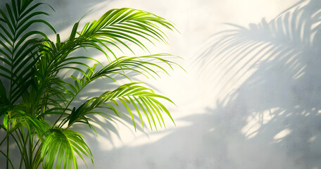 Green palm tree leaves branches with soft sunlight shadows on abstract textured concrete wall background
