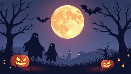 Fototapeta premium flat vector halloween scene features ghostly silhouettes pumpkins full moon spooky
