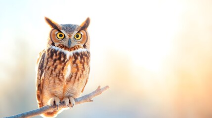 Obraz premium A stunning close-up of an owl perched on a branch, showcasing its vibrant eyes and intricate feathers in a soft, blurred background.
