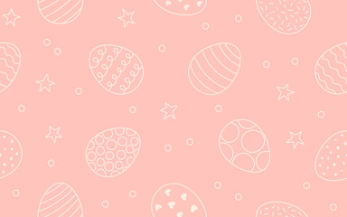 Decorated linear seamless pattern with Easter eggs. Egg in flat hand drawn style on red color background. Festive traditional meal decorated eggs. Vector illustration