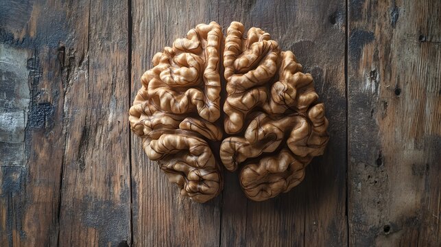 Closeup of walnuts shaped like a brain on a rustic wooden table, natural brain food, symbolic imagery