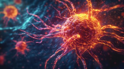 Obraz premium Cancer cell. Oncology, research, structure. mutation, somatic cell of the body. genetic predisposition. Neoplasms, cancerous disease, malignant tumor