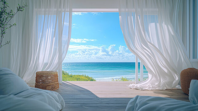 Wind-blown white curtains in a summer beach house, overlooking the ocean