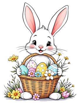 recommend clip art: easter greeting card with bunny: 
                    A cute pink cartoon bunny with a basket of colorful Easter eggs, a happy spring holiday illustration, white background.