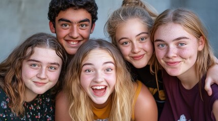 Fototapeta premium Joyful group of five friends celebrating together outdoors