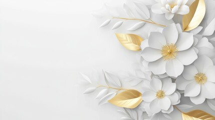 Fototapeta premium White paper flowers, gold accents, 3D design, elegant background, perfect for invitations or branding