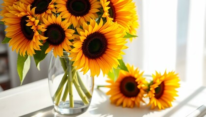 Sunflower Bouquet in Glass Vase on White Table with Sunlight and Blurred Background