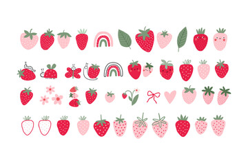Cute Strawberry pattern, Print with berry. Natural sweet food. Summer fruit background for fabric, textile, wrapping paper, wallpaper. Flat vector illustration