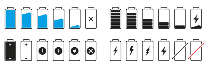 Battery Charge Levels And Status Icons Pixelated Icon Set. Pixel Art Symbol Collection Of Energy Battery Indicators And Charging Signs. Isolated Vector Illustration