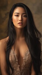 Fototapeta premium Beautiful Asian Woman Long Hair Elegant Lace Dress