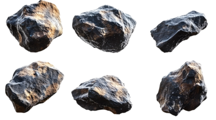 Set of asteroid rocks isolated on a transparent background