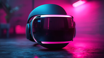 Virtual reality headset showcased in a modern gaming setup with vibrant neon lights and sleek design elements. Generative AI