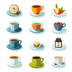 Assorted Coffee and Tea Cups, Saucers, and Related Objects on White