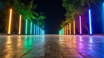 Vibrant Illuminated Pathway with Colorful Neon Lights at Night