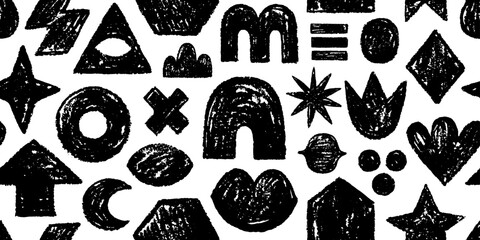 Geometric shape pattern. Brush crayon figure. Abstract seamless background. Black simple shape vector. Paint of organic figure and stroke, bold black white bg, charcoal texture. Geometric pattern