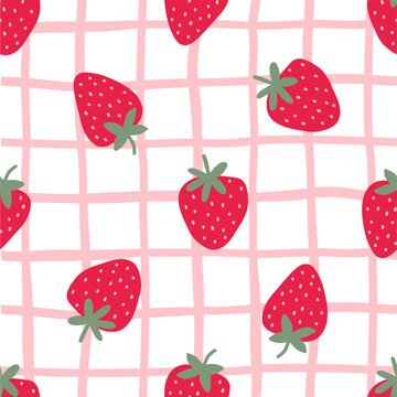 Cute Strawberry pattern, seamless print with berry. Natural sweet food. Summer fruit background for fabric, textile, wrapping paper, wallpaper. Flat vector illustration