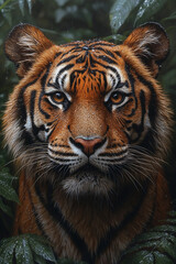 Fototapeta premium Captivating Tiger Portrait in a Lush Rainforest Ambiance Close-Up